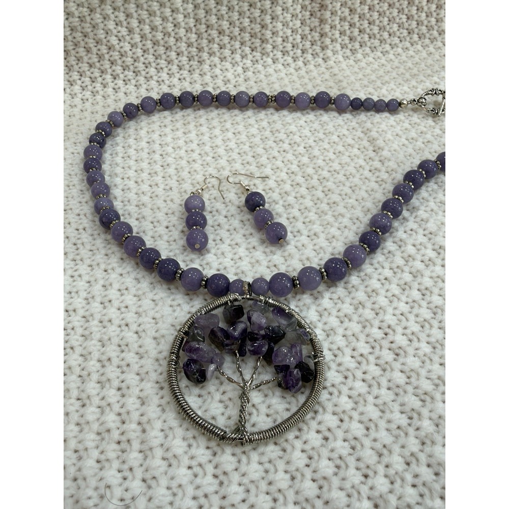 Purple Stone Beaded Tree of Life Pendant Necklace & Earrings Set Silver Tone